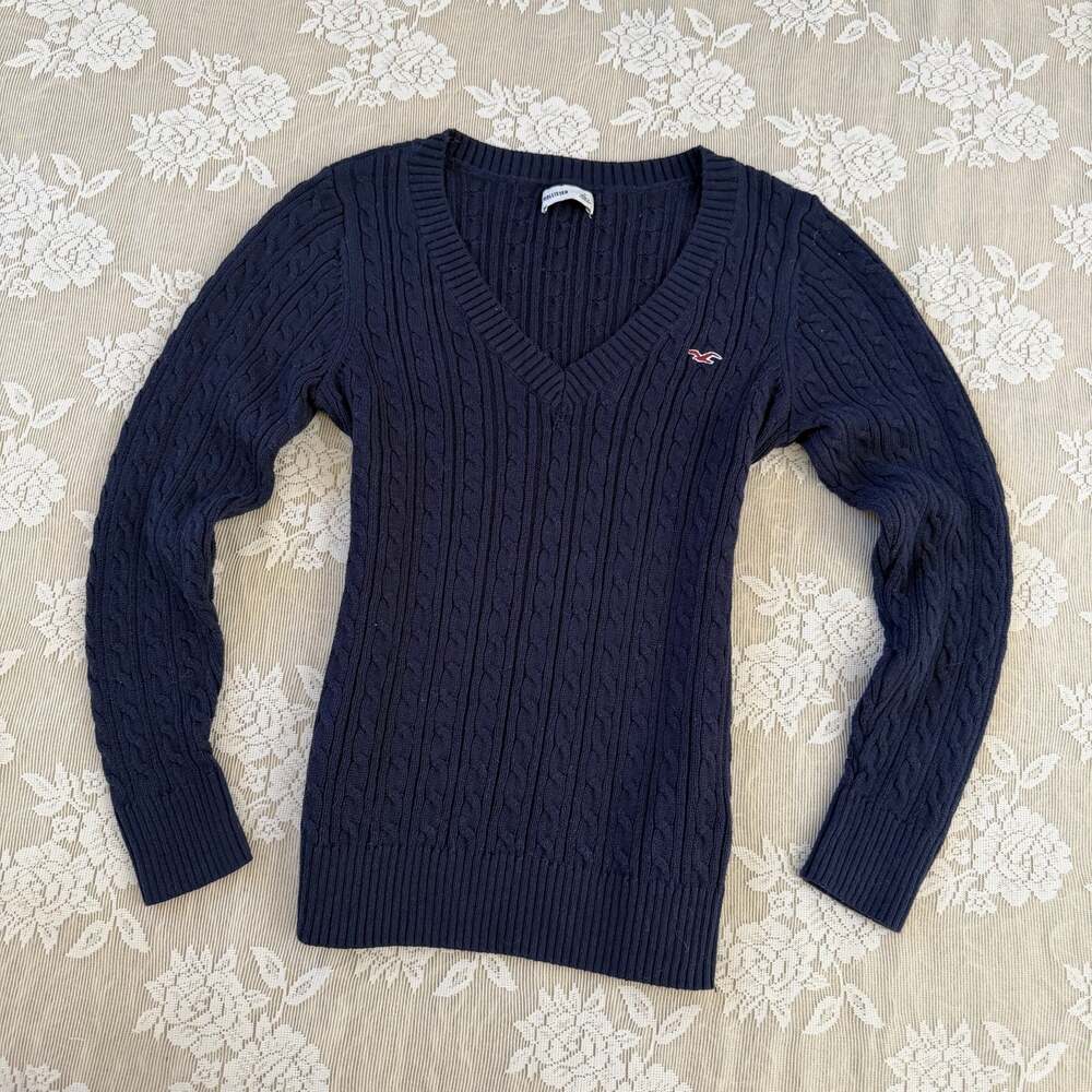 Vintage Y2K Hollister Navy Blue Cable Knit V-Neck Sweater Size Large